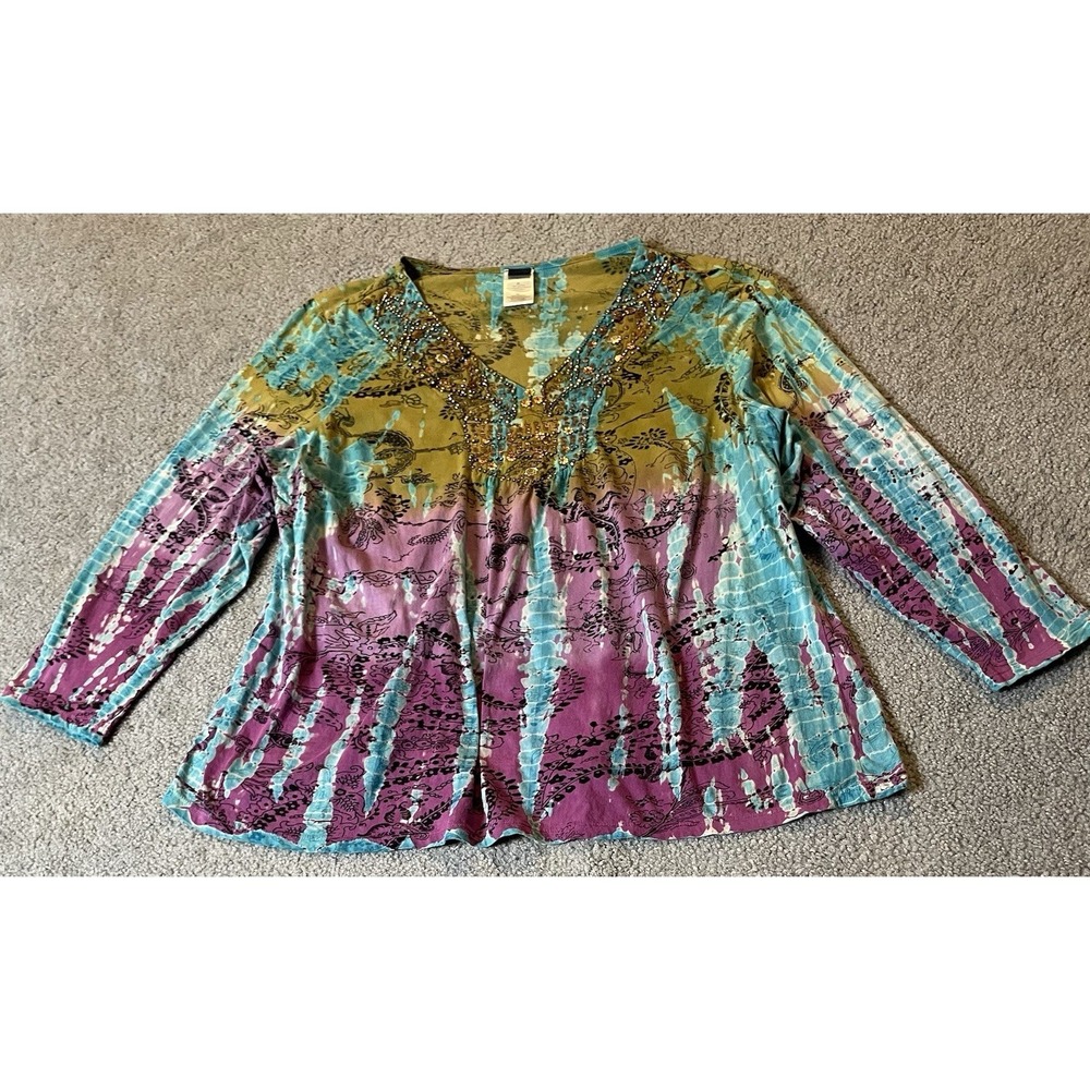 90s Bila Woman Beaded A-line Top 2X Blue Purple Abstract Pullover Boho Party - Picture 4 of 11